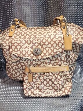 Coach Beige and Brown Signature Canvas Shoulder Bag with Wristlet